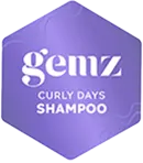 Hexagonal purple logo with "gemz Curly Days Shampoo" text.