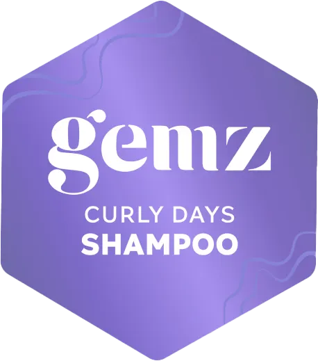 Hexagonal purple logo with "gemz Curly Days Shampoo" text.
