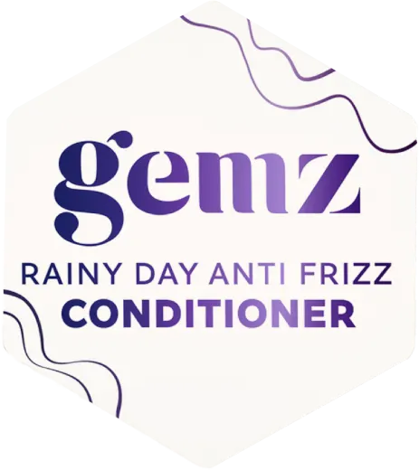 Hexagonal white logo with "gemz Rainy Day Anti Frizz Conditioner" text.