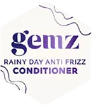 Hexagonal white logo with "gemz Rainy Day Anti Frizz Conditioner" text.