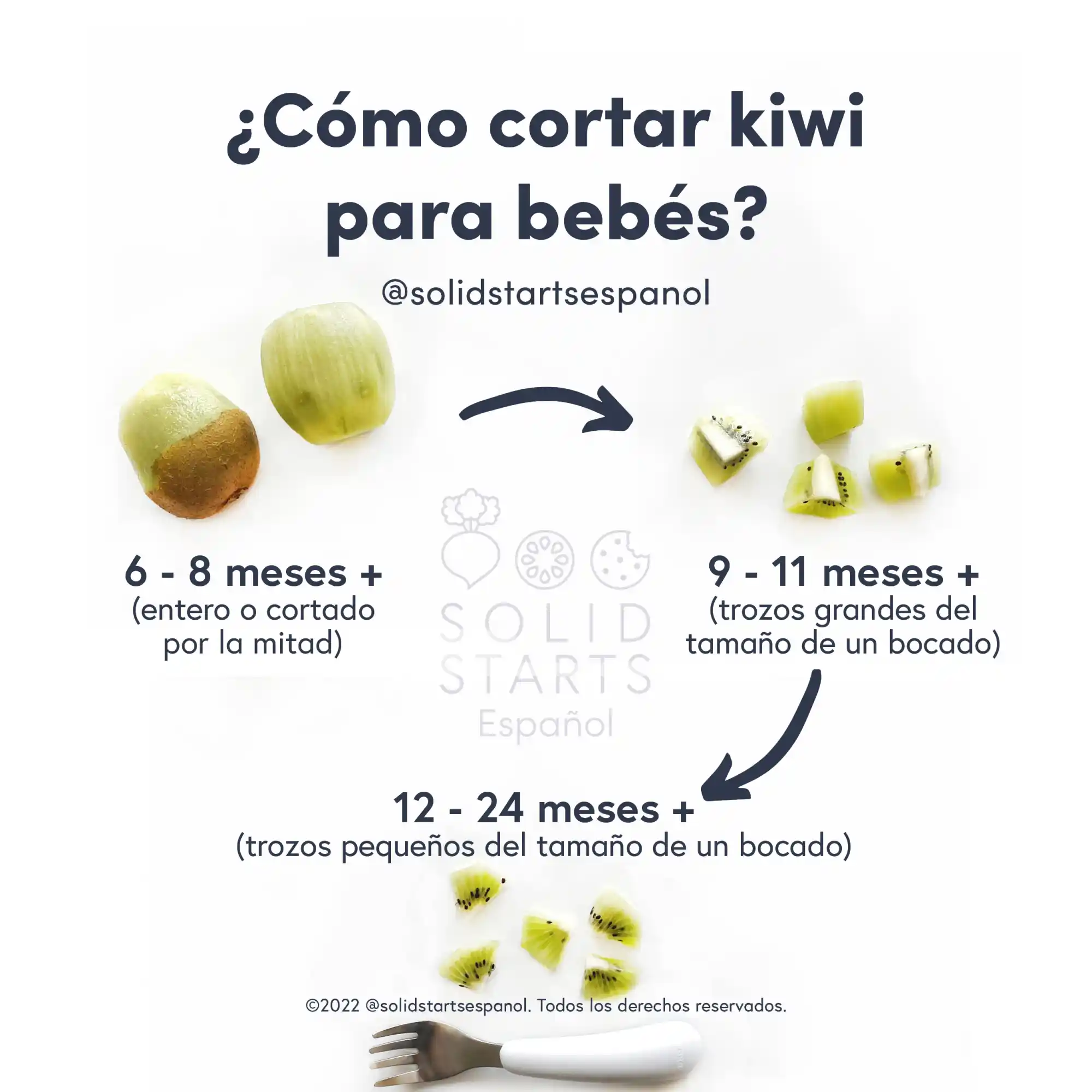 A Solid Starts infographic with the header How to Cut Kiwi for Babies: whole or halved for 6-8 months+, large bite-size pieces for 9-11 mos+, and bite-sized for 12-24 months+