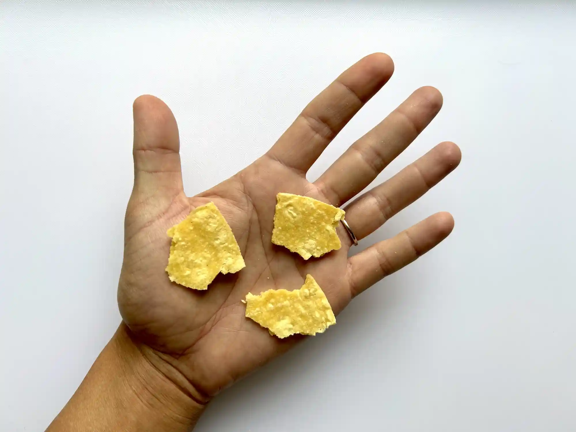 a hand holding 3 small pieces of soft corn tortilla