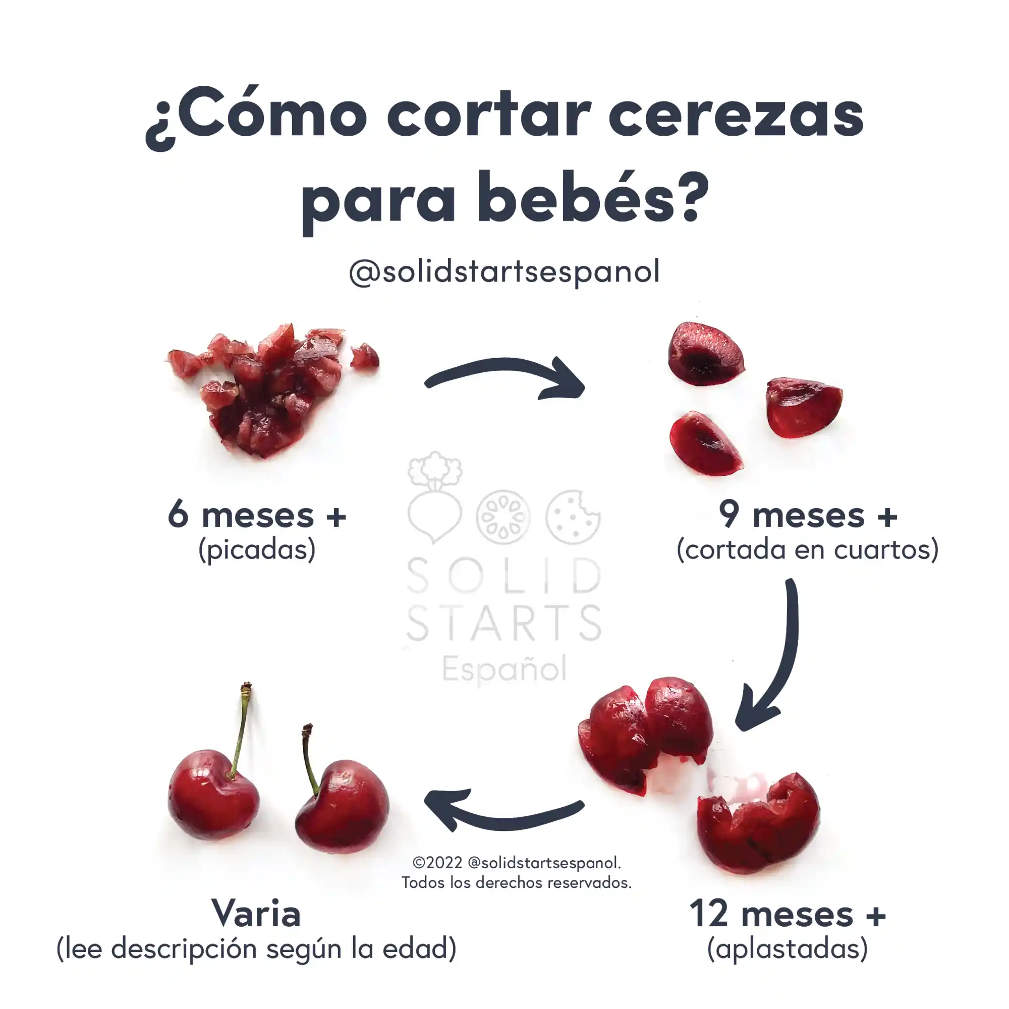 a Solid Starts infographic showing how to cut cherries by age: minced for 6 months+, quartered for 9 months+, flattened, pitted for 12 months+ and varies for whole