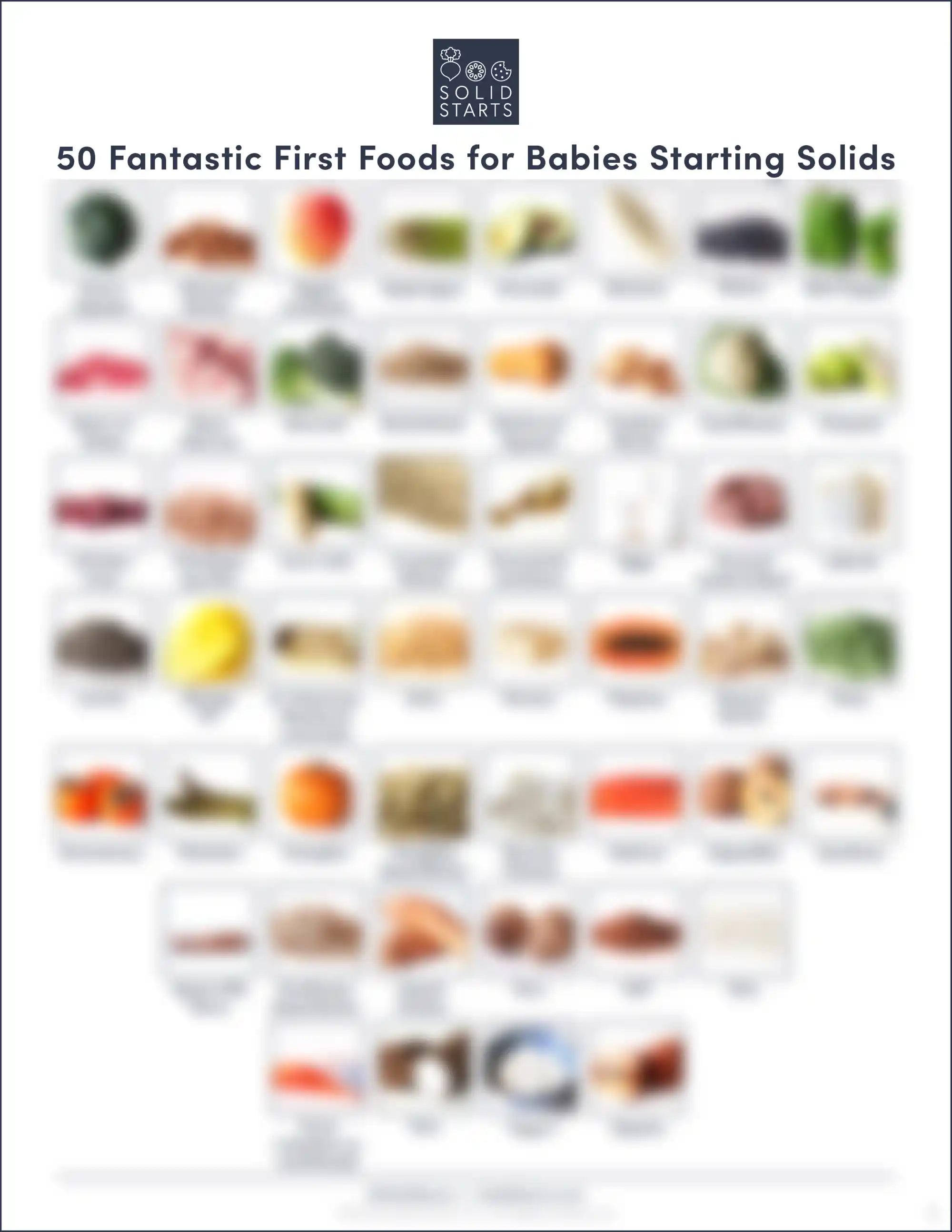 a blurred image of food pictures with descriptions for each for babies starting solid food