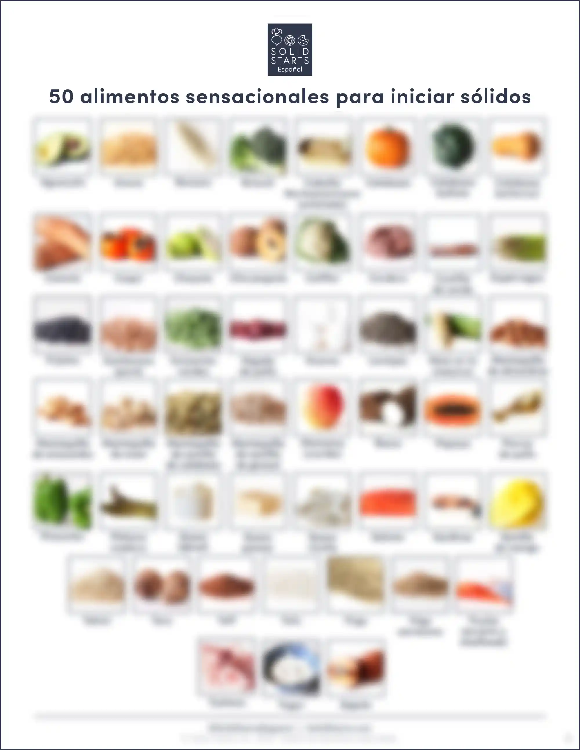 a blurred image of food pictures with descriptions for each for babies starting solid food