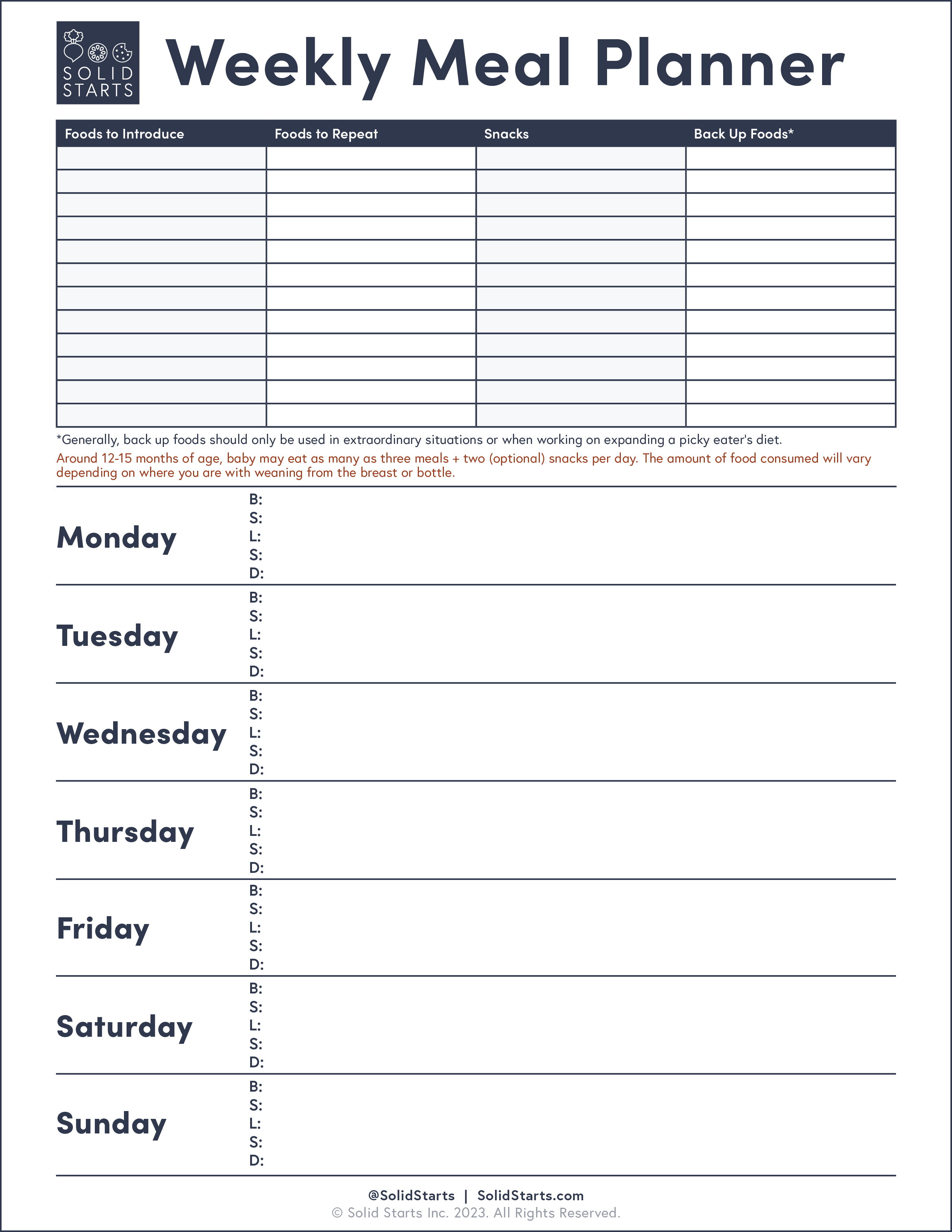 Weekly Meal Planner Template - Solid Starts