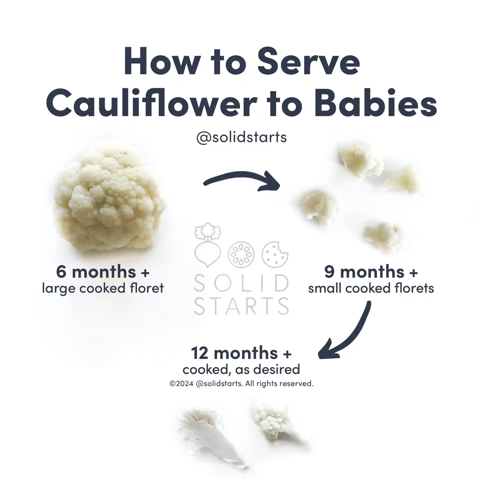 a Solid Starts infographic with the header How to Cut Cauliflower for Babies: large, cooked florets for 6 months+, small cooked florets for 9 months+, and raw florets (age varies)