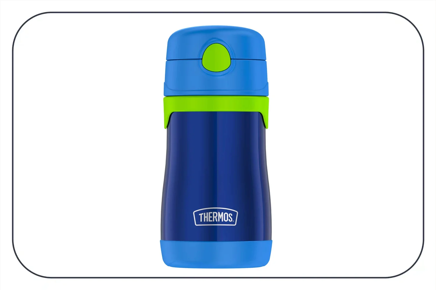 a photograph of a blue thermos with a green top