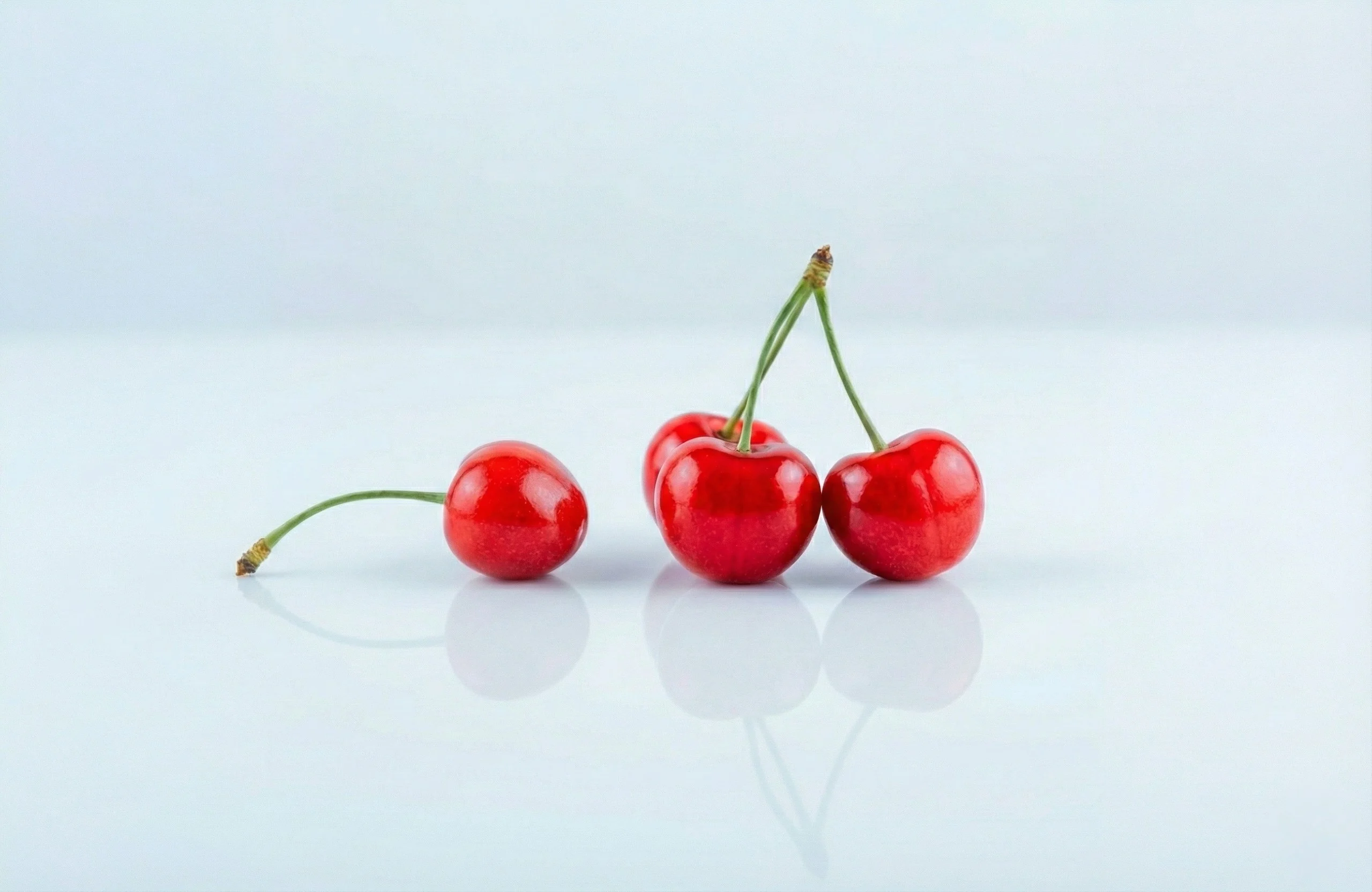 a photograph of three whole sour cherries with stems intact on a white background