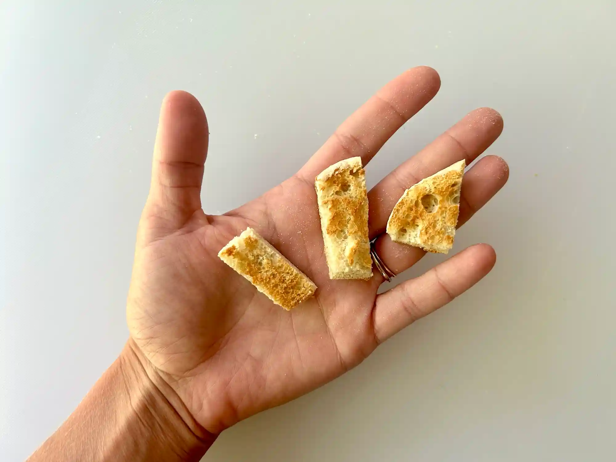 English muffin bite-sized pieces hand pic a photograph of a hand holding three bite-sized pieces of toasted english muffin