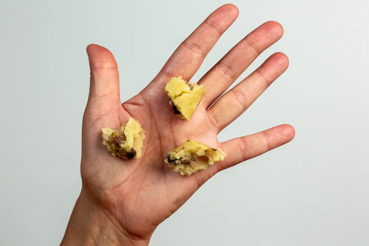 a photograph of a hand holding three bite sized pieces of tamal