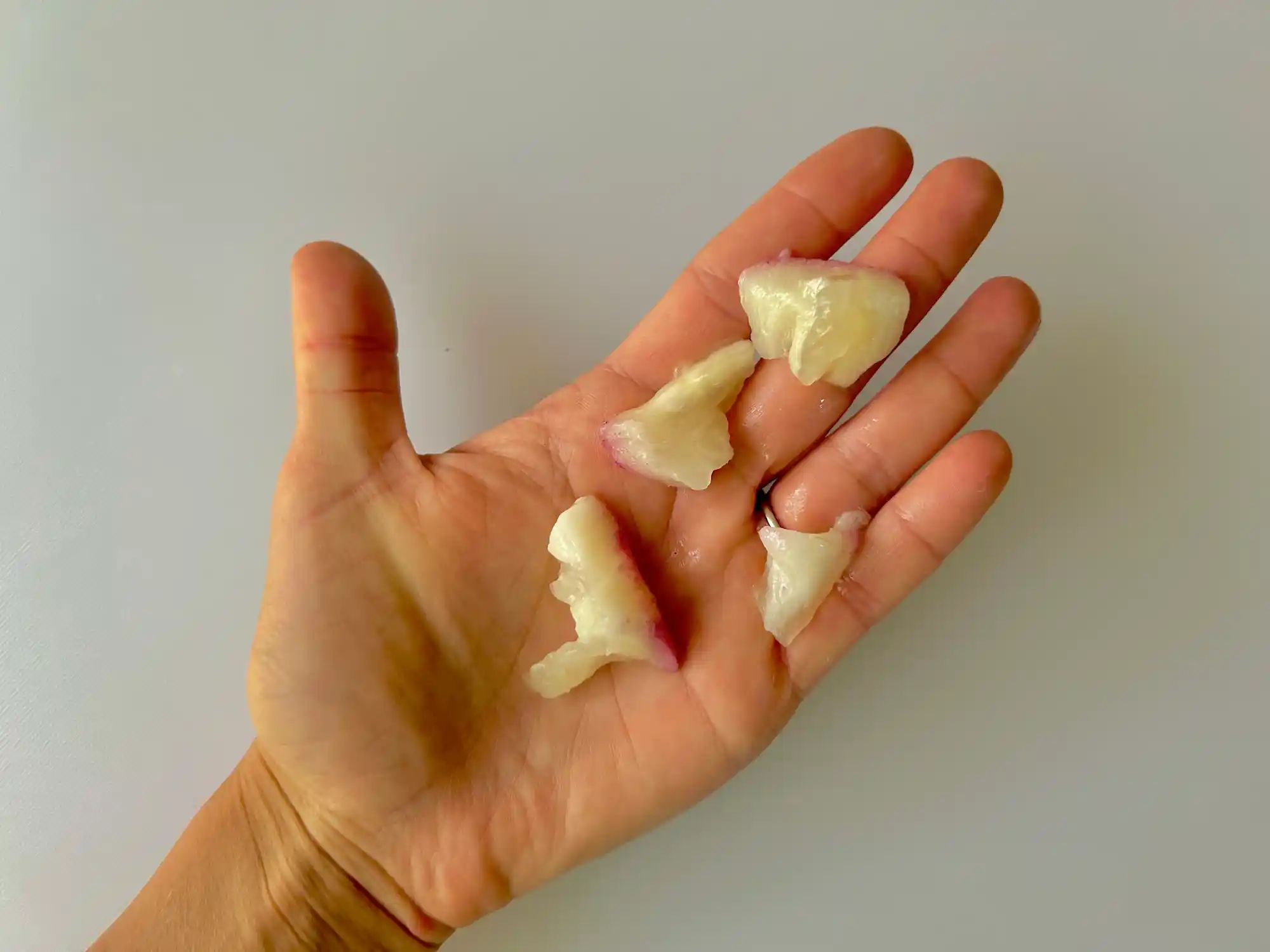 a photograph of a hand holding three bite sized pieces of ripe star apple with seeds and skin removed