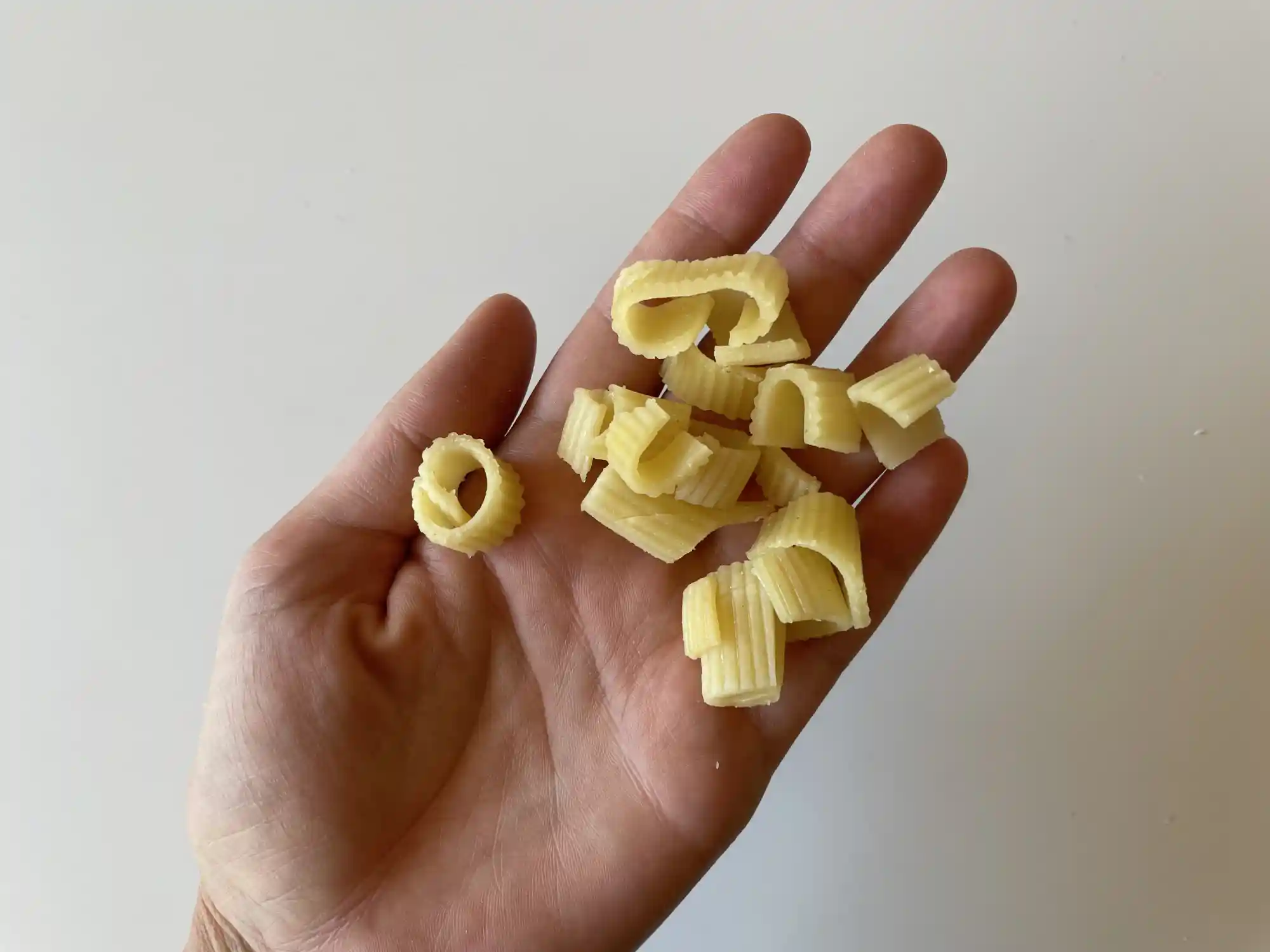 a hand holding rigatoni cut into bite-sized pieces for babies 9 months+