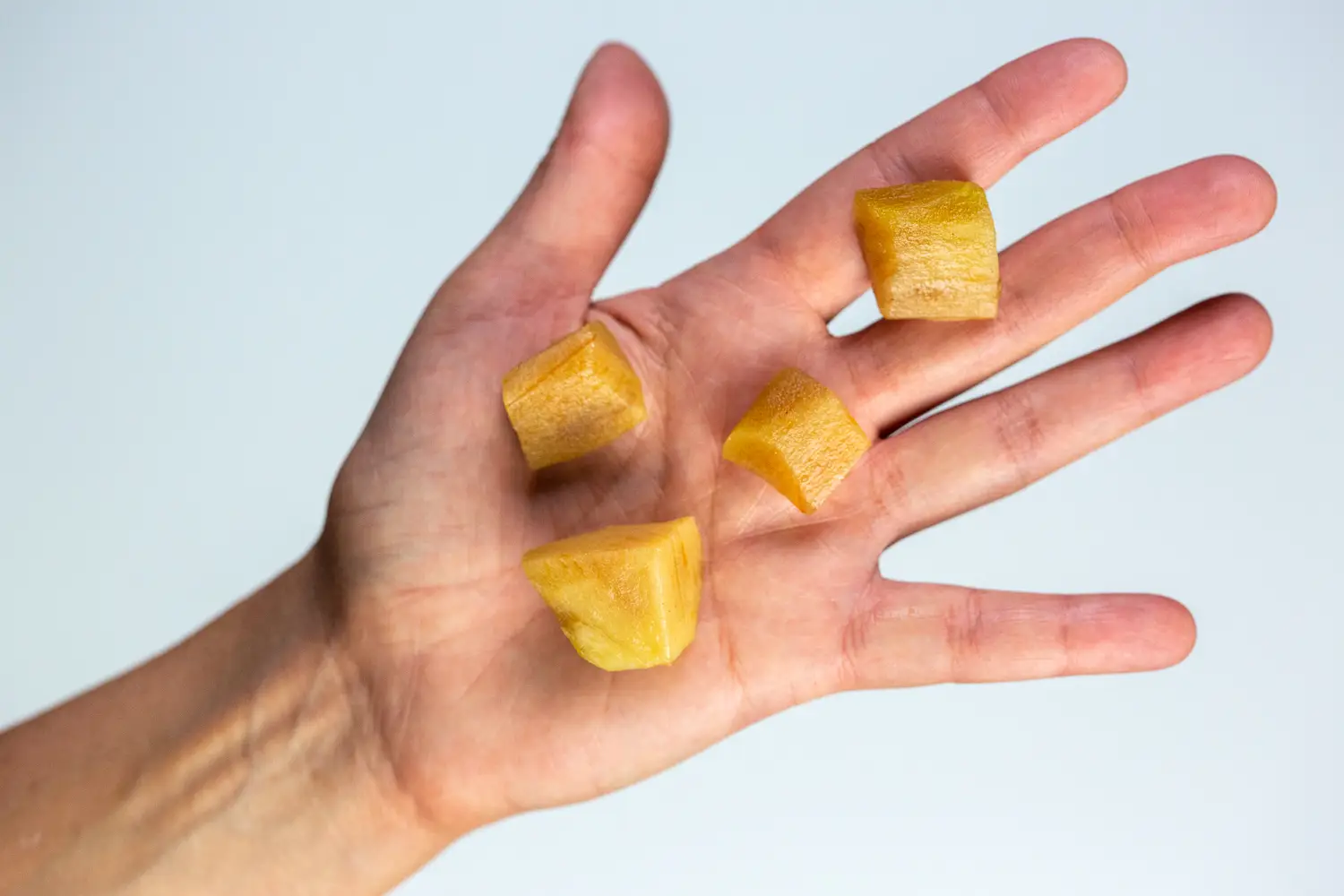 a photograph of a hand holding bite-sized pieces of ripe sapodilla