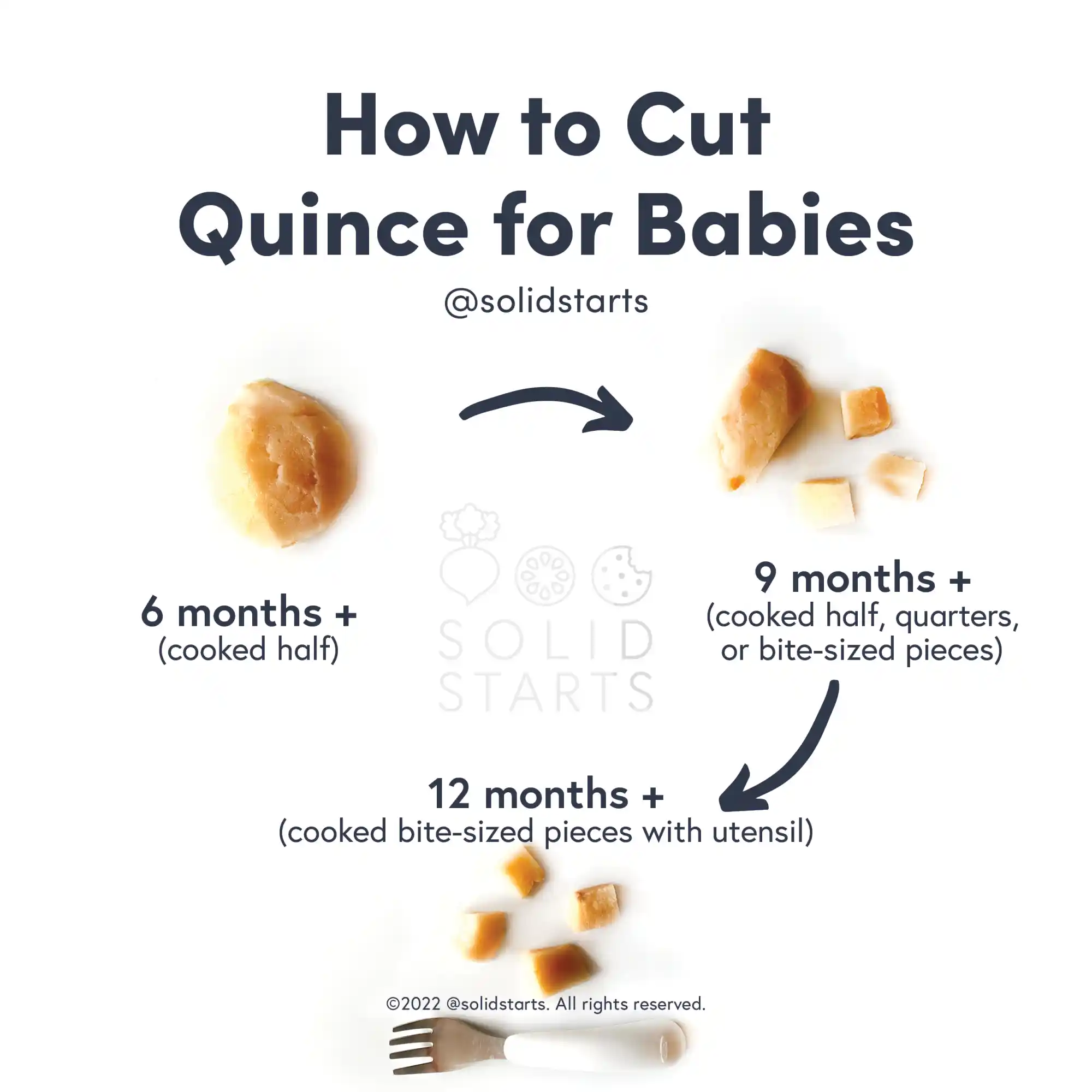 a Solid Starts infographic with the header How to Cut Quince for Babies: cooked halves for 6 months+, cooked halves, quarters, or bite-size pieces for 9 months+, cooked bite-size pieces with utensil for 12 months+