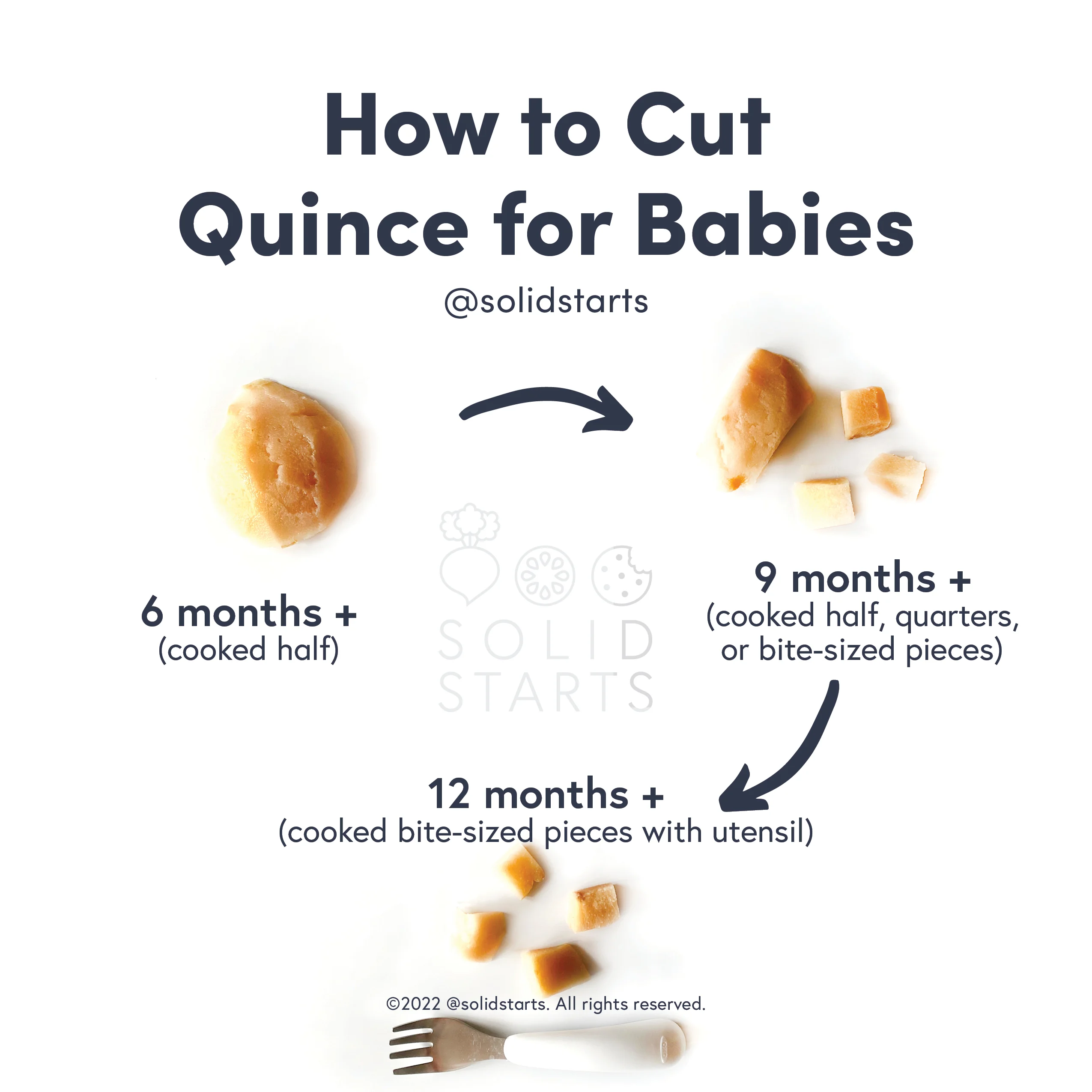 a Solid Starts infographic with the header How to Cut Quince for Babies: cooked halves for 6 months+, cooked halves, quarters, or bite-size pieces for 9 months+, cooked bite-size pieces with utensil for 12 months+
