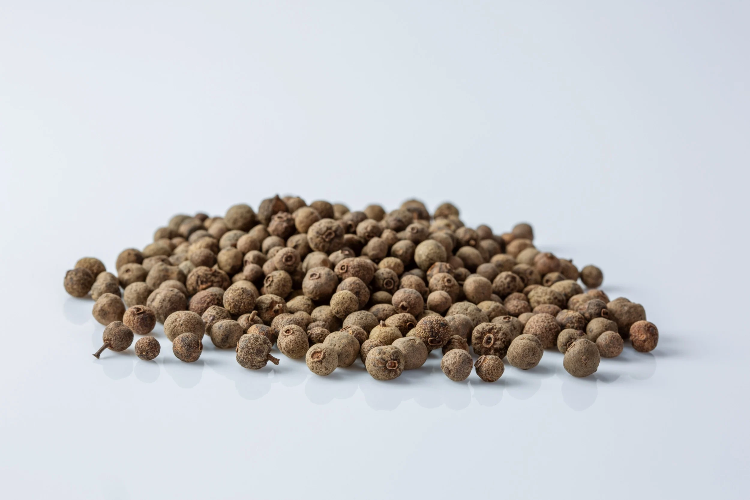 a small pile of whole, dried allspice on a white background