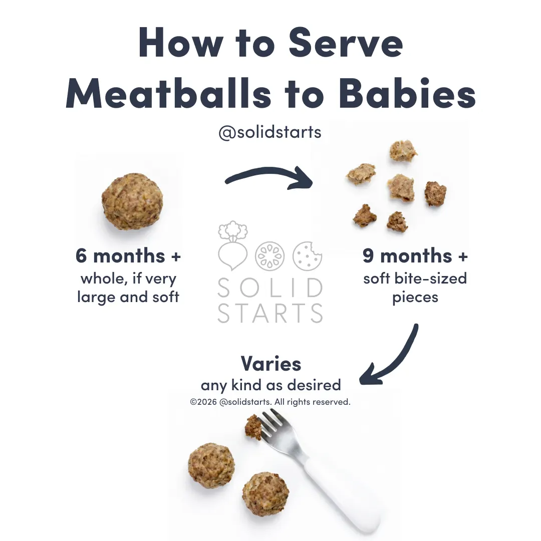 a Solid Starts infographic with the header How to Serve Meatballs to Babies: whole, if large and soft for babies 6 mos+, soft bite-sized pieces for babies 9 mos+, and age varies for any kind as desired 