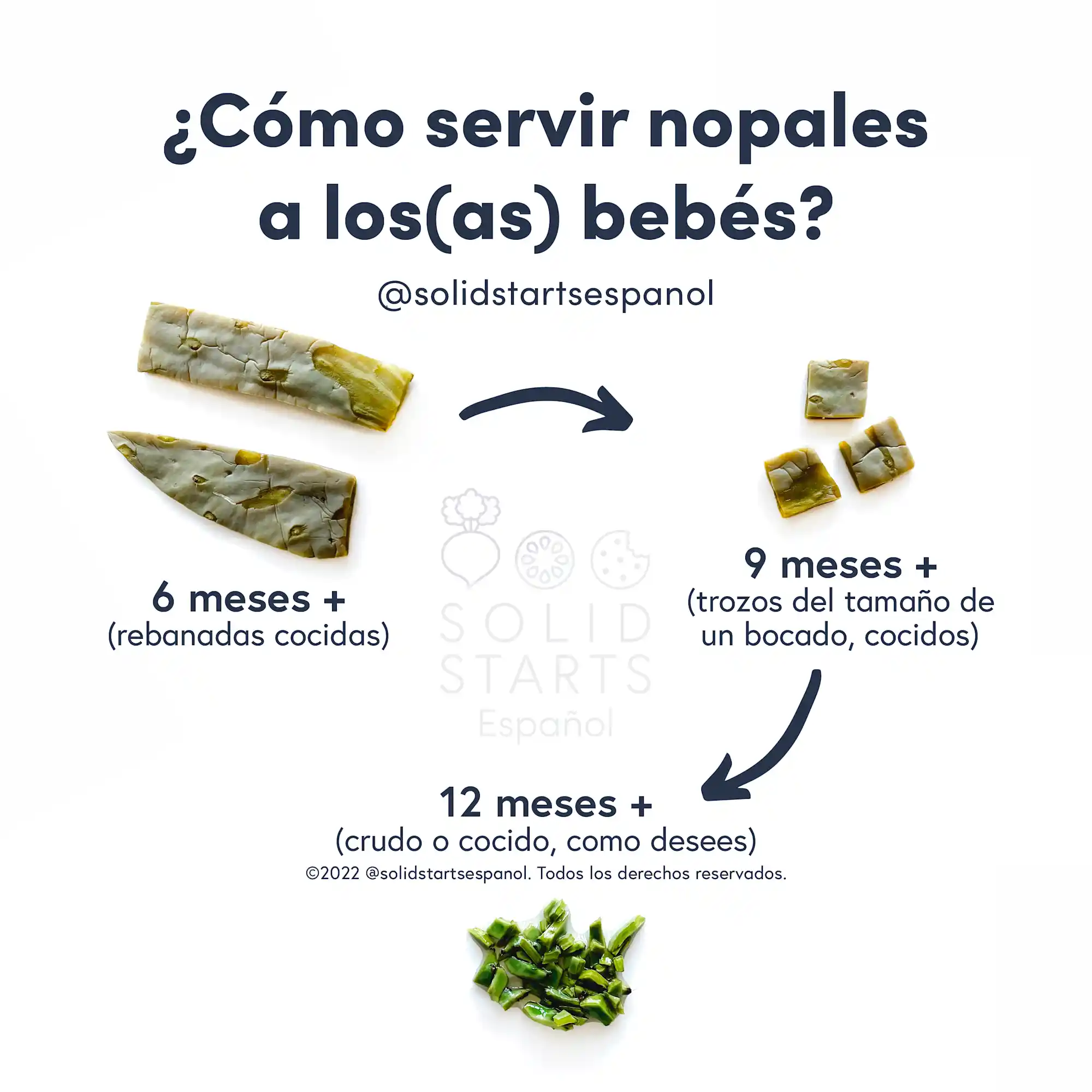 a Solid Starts infographic with the header How to Serve Nopales to Babies: cooked strips for 6 months+, cooked bite-size pieces for 9 months+, and cooked or raw as desired for 12 months+