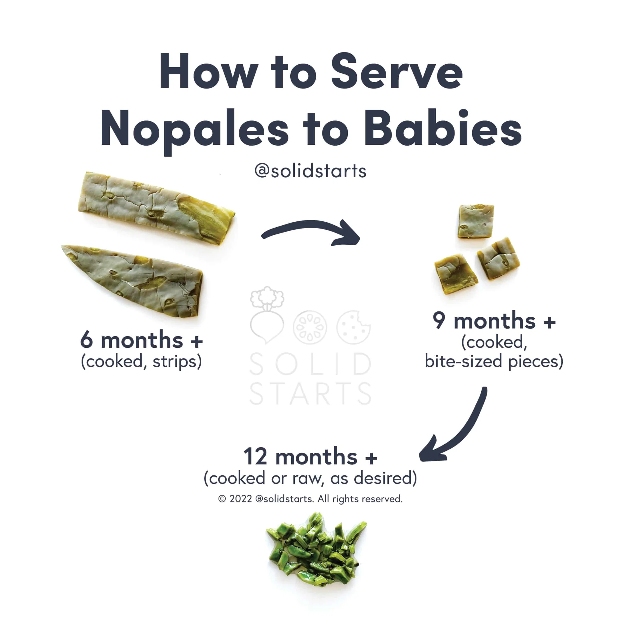 a Solid Starts infographic with the header How to Serve Nopales to Babies: cooked strips for 6 months+, cooked bite-size pieces for 9 months+, and cooked or raw as desired for 12 months+