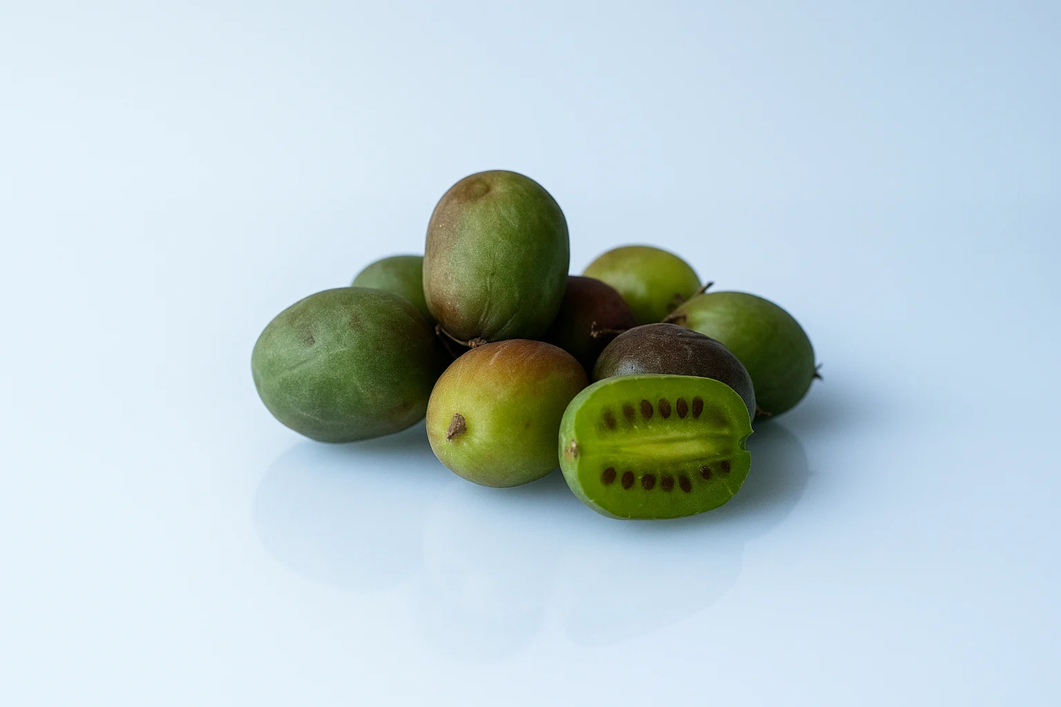 a small pile of whole ripe kiwi berries on a white background with one in the front cut open lengthwise