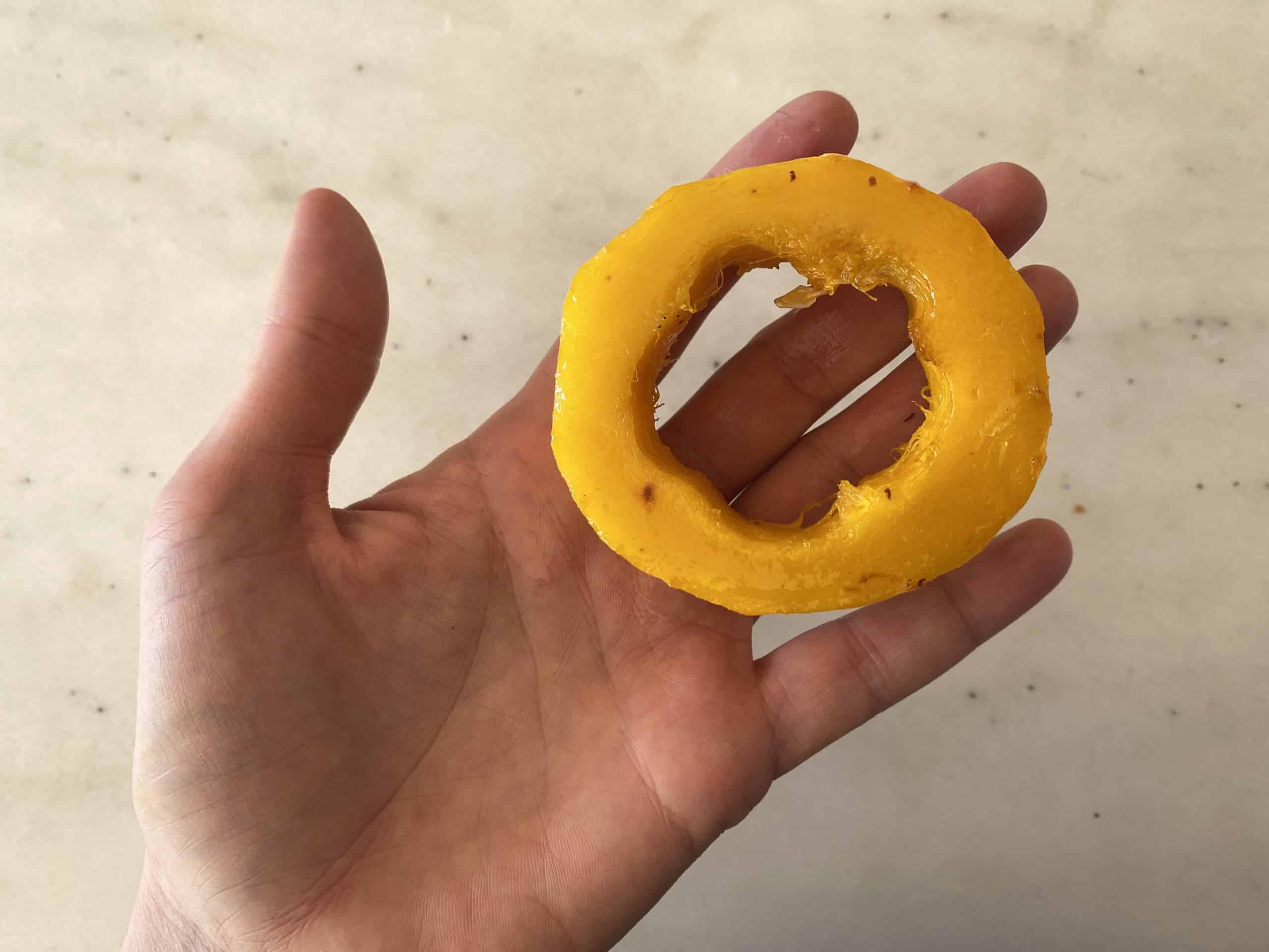 a hand holding a circular cooked slice of delicata squash for babies starting solids