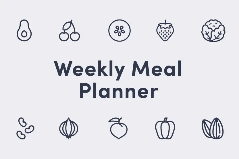 a guide cover that says "Weekly Meal Planner" with outlines of food icons on it