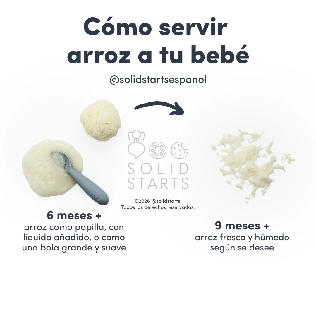 a Solid Starts infographic with the header How to Serve Rice to Babies: rice as porridge, with added liquid, or as large, soft ball for babies 6 mos+, and fresh moist rice as desired for 9 months +