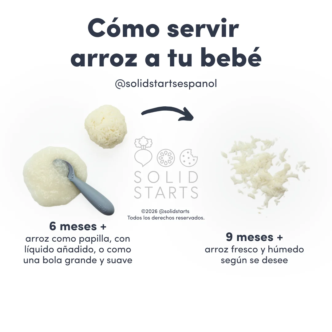 a Solid Starts infographic with the header How to Serve Rice to Babies: rice as porridge, with added liquid, or as large, soft ball for babies 6 mos+, and fresh moist rice as desired for 9 months +