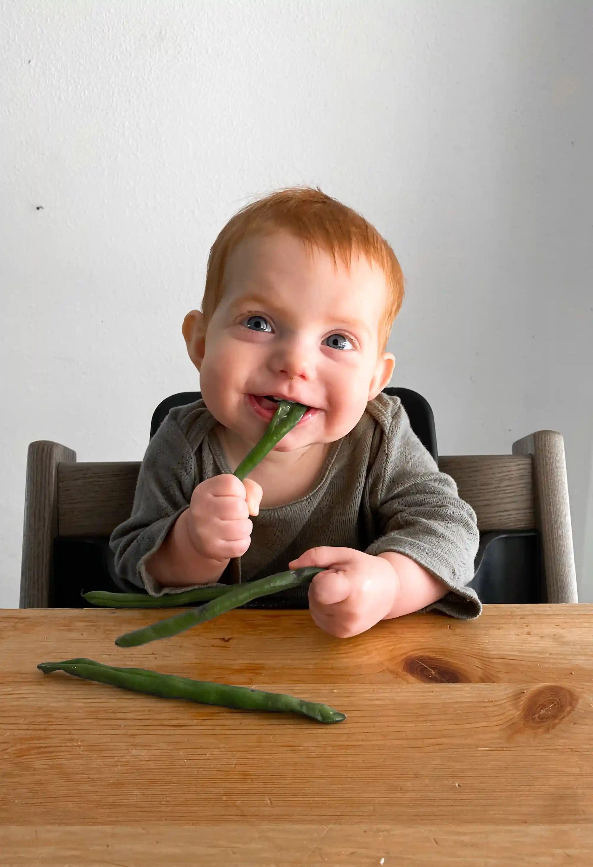 a photograph of a baby smiling while munching on a whole cooked green bean with another green bean on the table in front of him