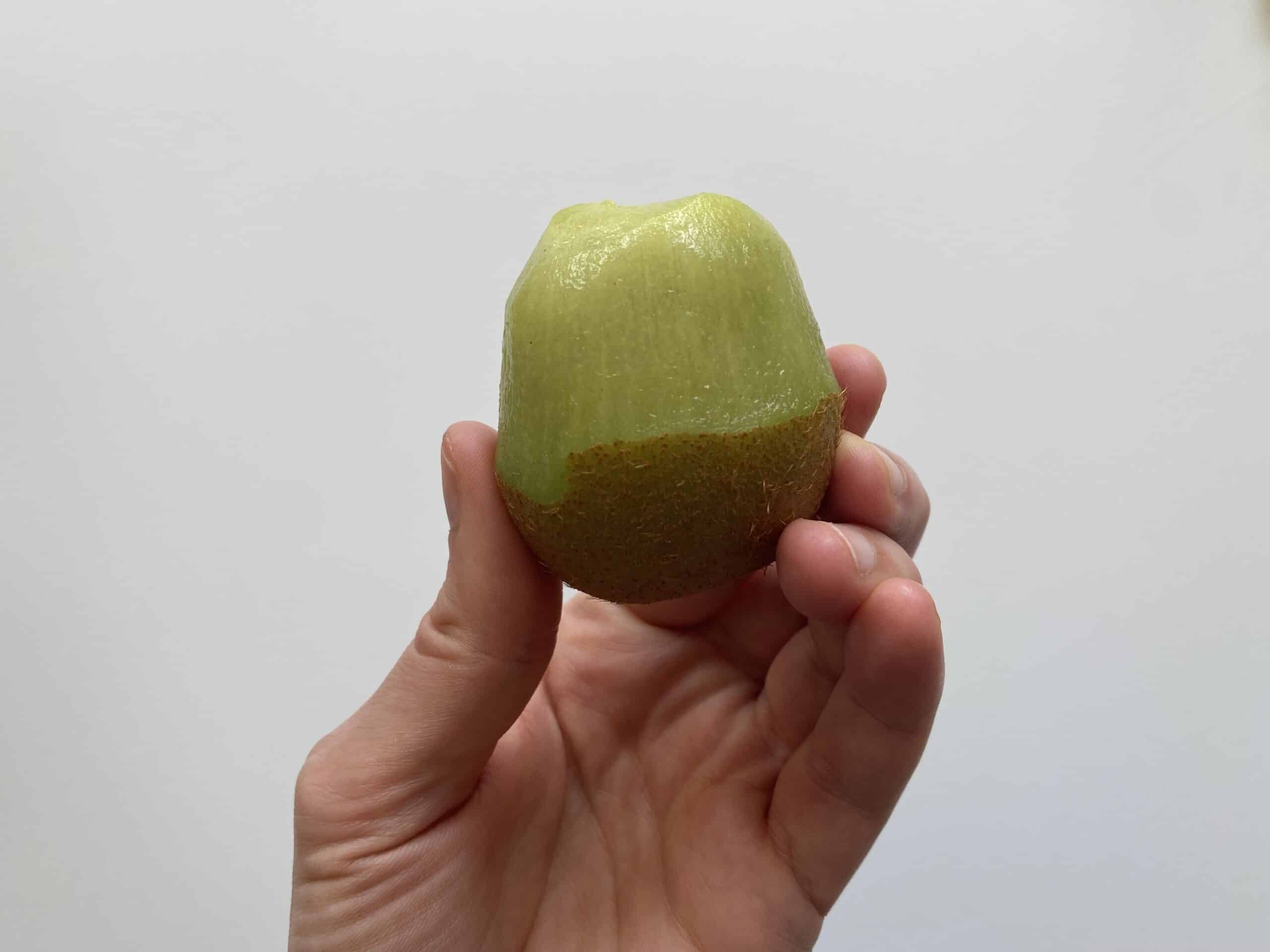 a hand holding a whole kiwi with only the top peeled for babies starting solids