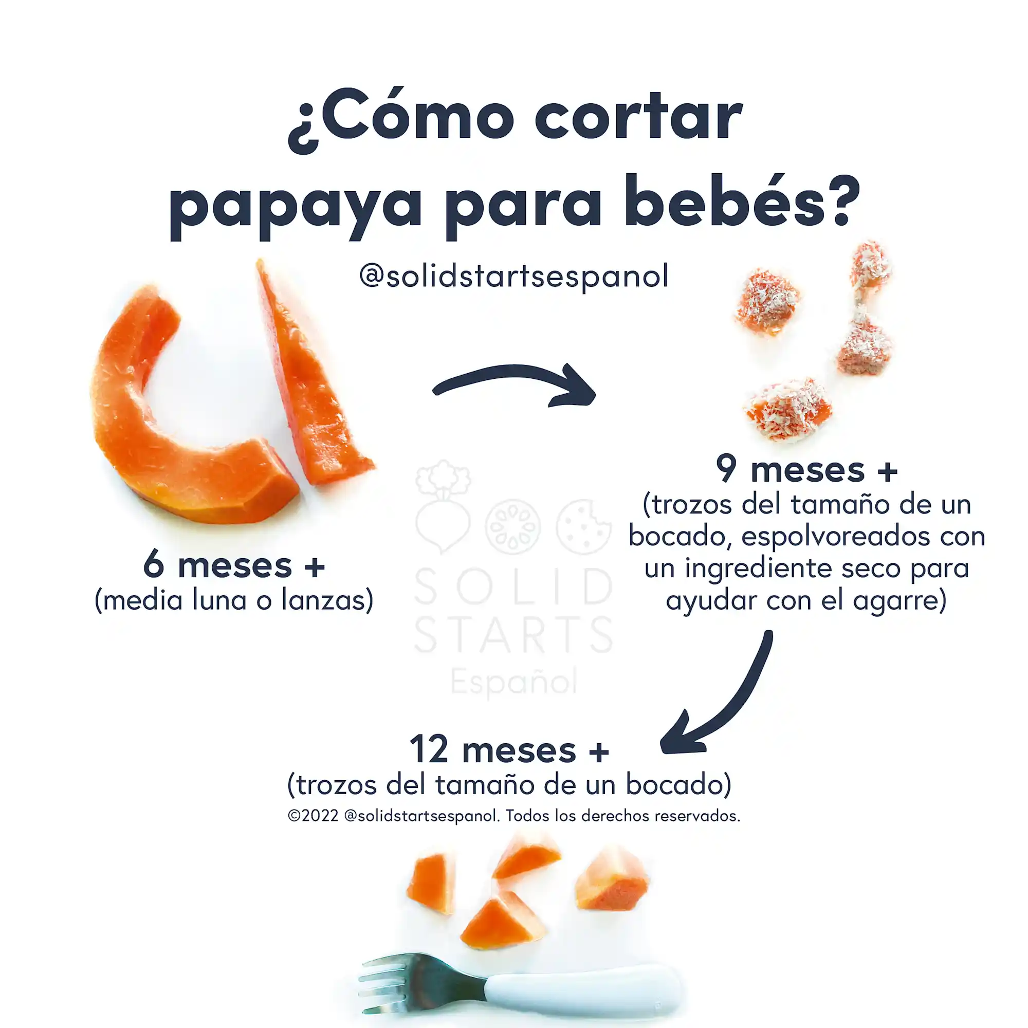 a Solid Starts infographic with the header How to Cut Papaya for Babies: large ripe handles or spears for 6 months+, bite size pieces coated in a topping for grip for 9 months+, bite size pieces for 12 months+