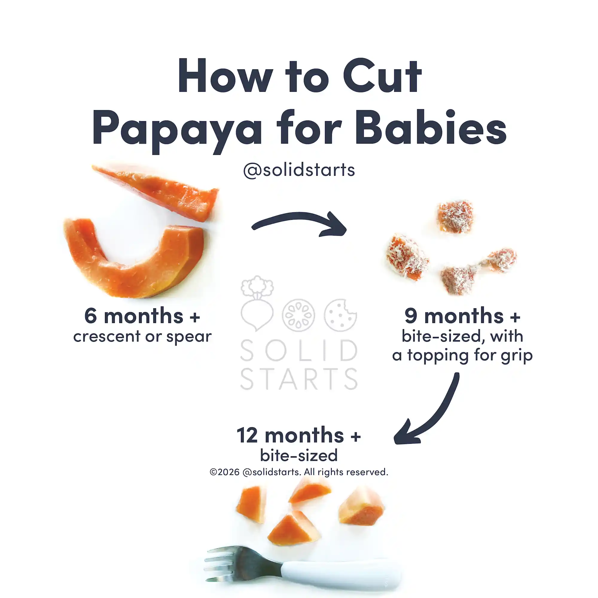 a Solid Starts infographic with the header How to Cut Papaya for Babies: large ripe handles or spears for 6 months+, bite size pieces coated in a topping for grip for 9 months+, bite size pieces for 12 months+