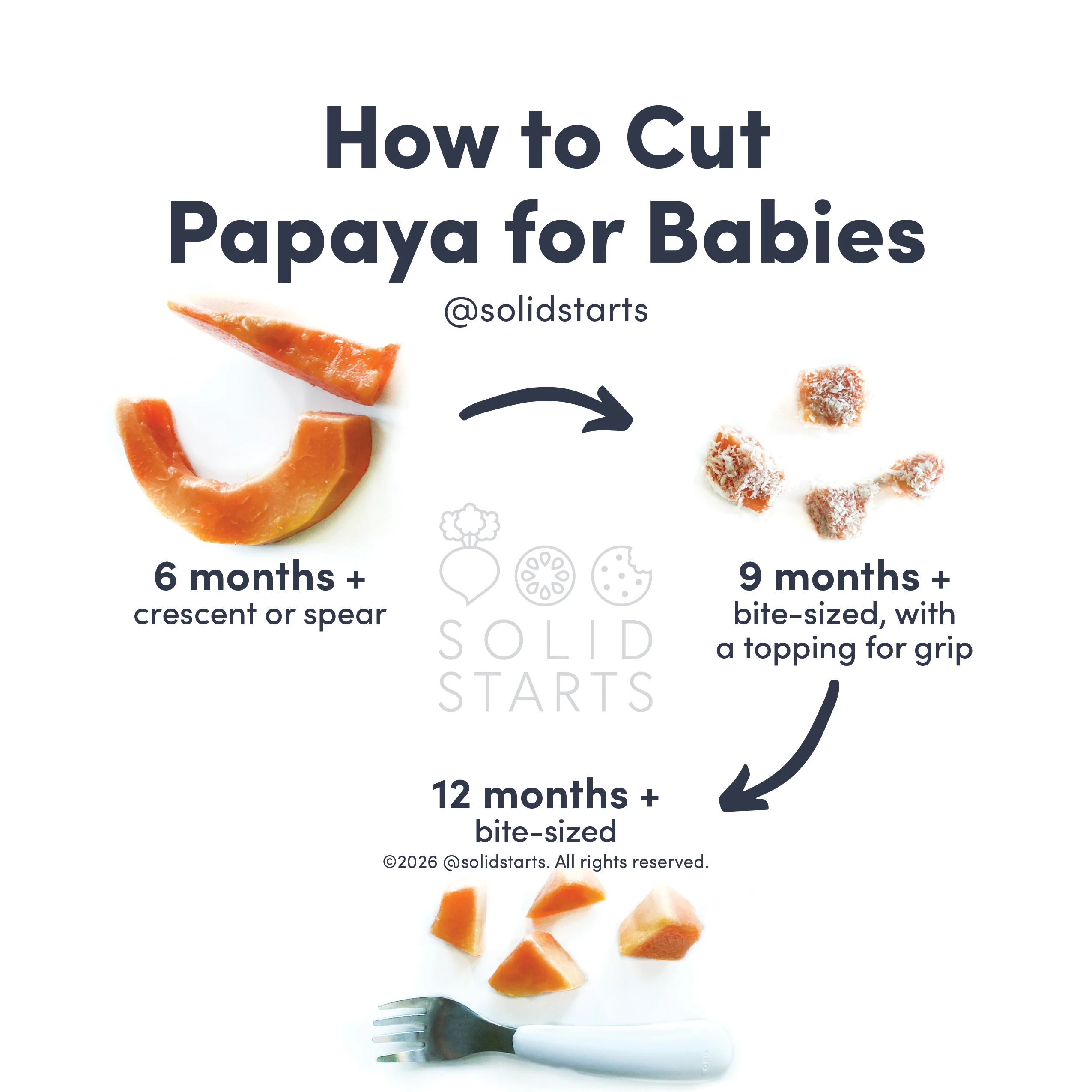 a Solid Starts infographic with the header How to Cut Papaya for Babies: large ripe handles or spears for 6 months+, bite size pieces coated in a topping for grip for 9 months+, bite size pieces for 12 months+