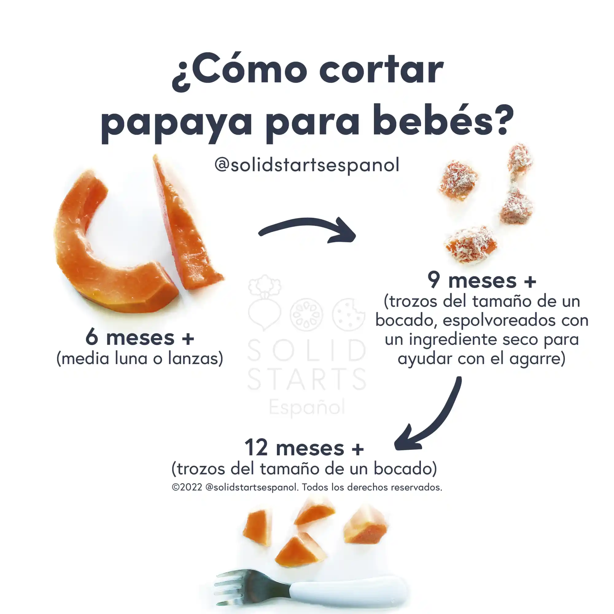 a Solid Starts infographic with the header How to Cut Papaya for Babies: large ripe handles or spears for 6 months+, bite size pieces coated in a topping for grip for 9 months+, bite size pieces for 12 months+