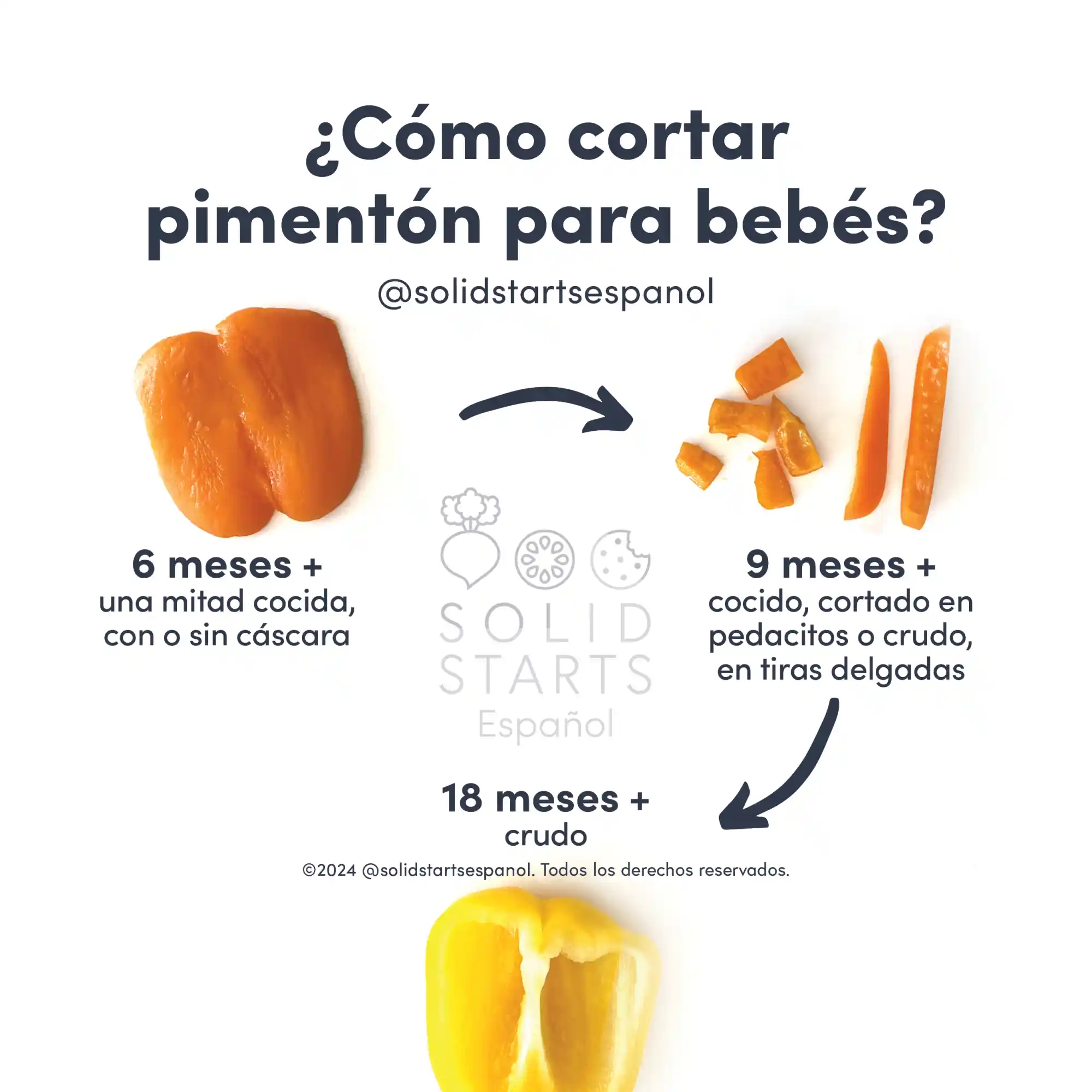 an infographic with the header "how to cut bell pepper for babies": a half of a cooked bell pepper, skin removed, for 6 months+, cooked chopped pieces or raw thin slices for babies 9 months+, half a raw bell pepper for 18 months+