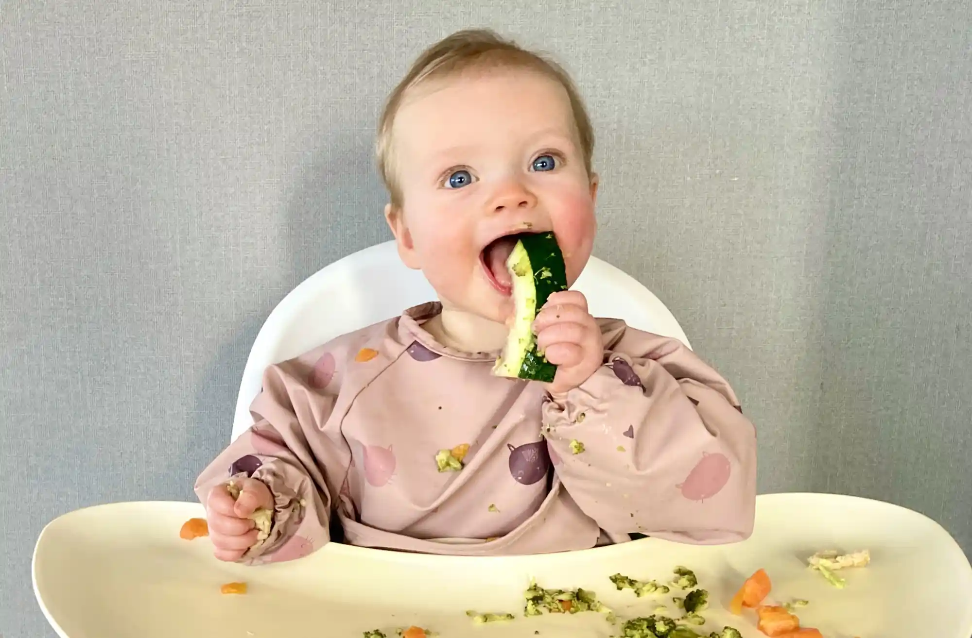 Talking to family about baby-led weaning. Picture of baby with head down on table.