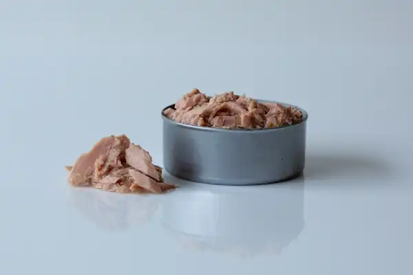 Canned tuna on a table before being prepared for babies starting solid food