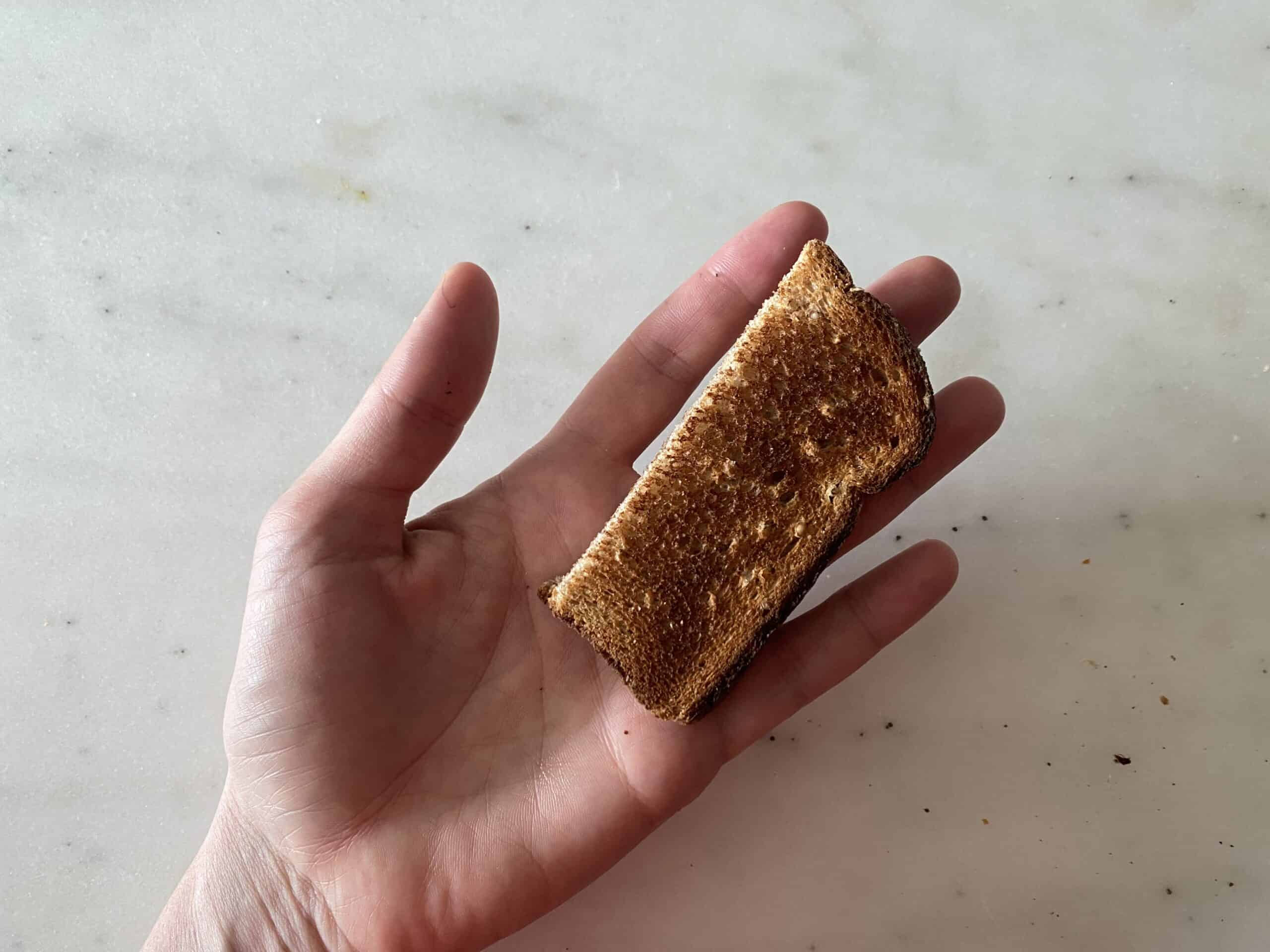 hand holding a strip of toast