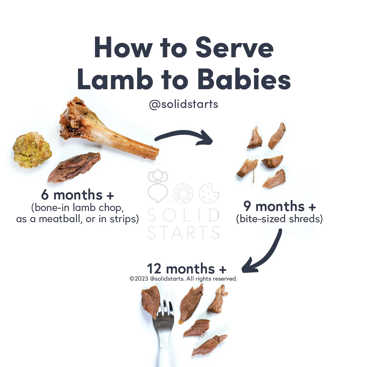 a Solid Starts infographic with the header How to Serve Lamb to Babies: a chop bone, long strip, or lamb meatball for 6 months+, bite-sized shreds for 9 months+, and bite-sized shreds with a utensil for 12 months+