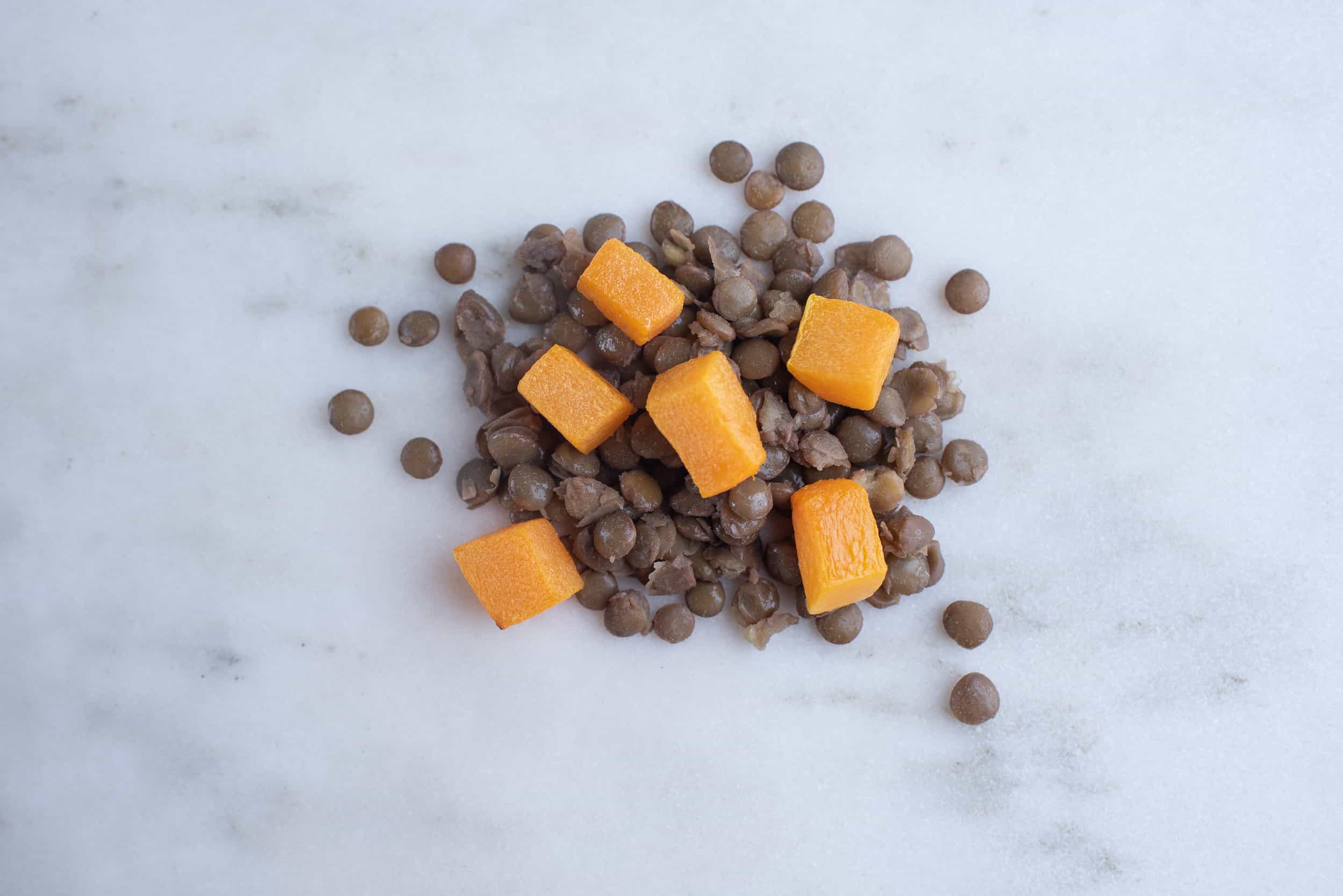 cubes of roasted butternut squash atop a pile of lentils