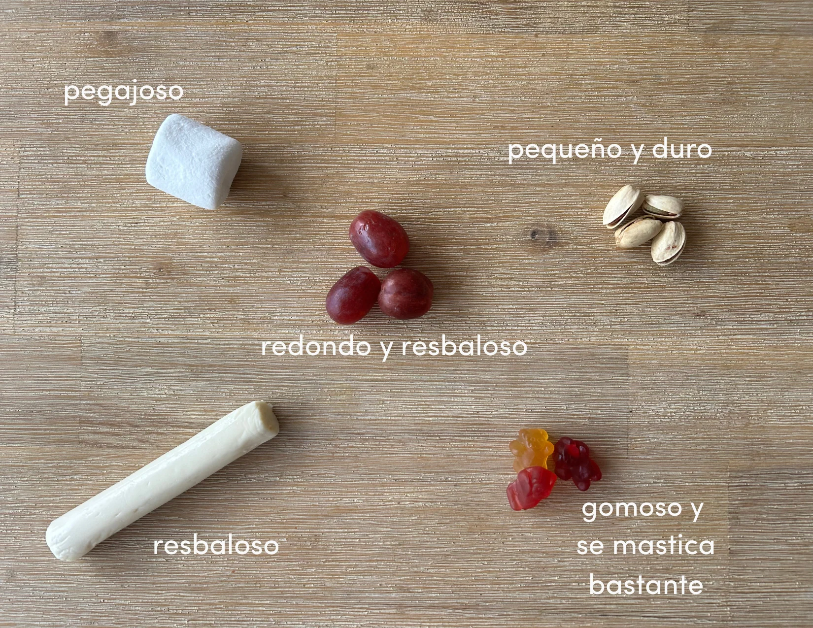 a photograph of a large marshmallow, a stick of string cheese, three grapes, four pistachios, and three gummy bears identifying their common choking characteristics