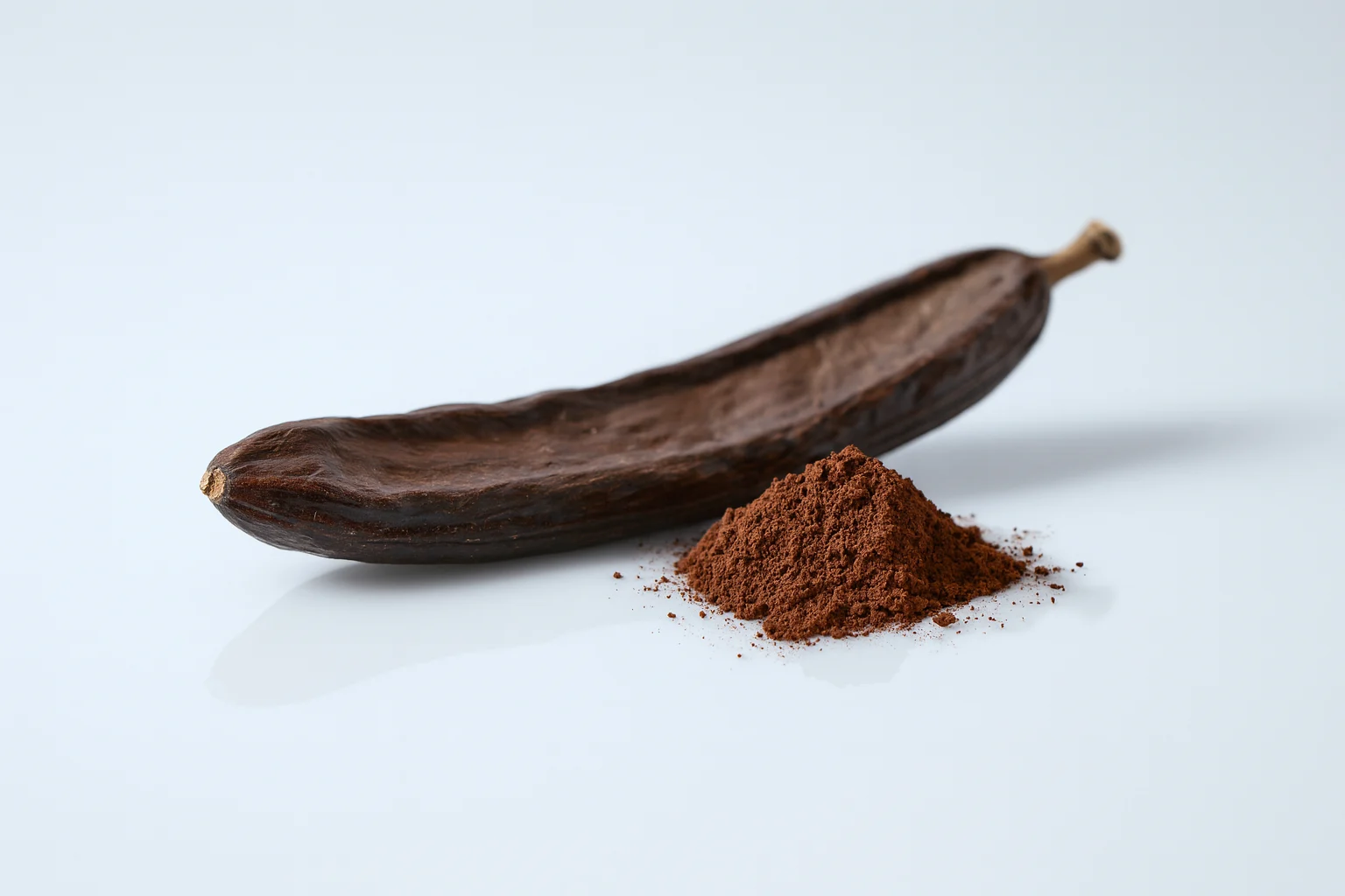 a photograph of a whole carob pod next to a small pile of powdered carob