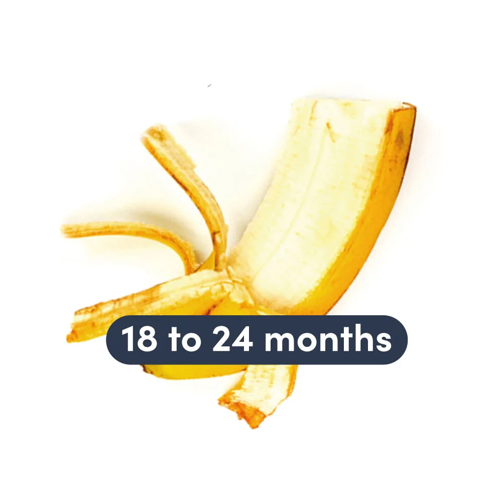 a photograph of a banana partially peeled with text above it that reads 18 to 24 months 