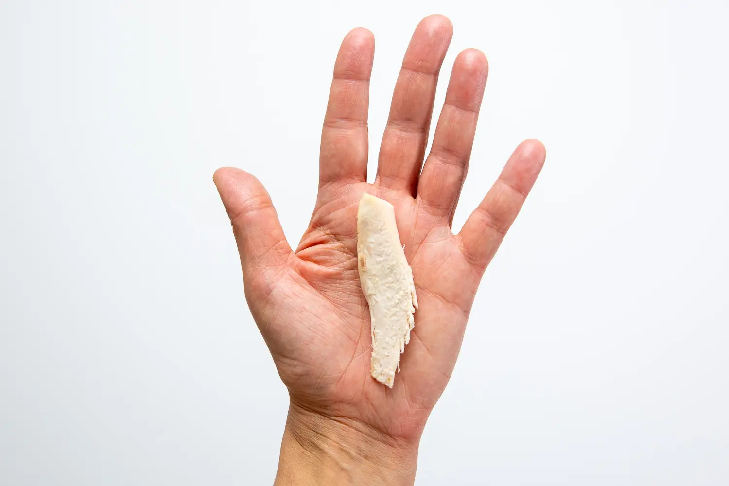 a photograph of a hand holding a long flat slice of cooked chicken