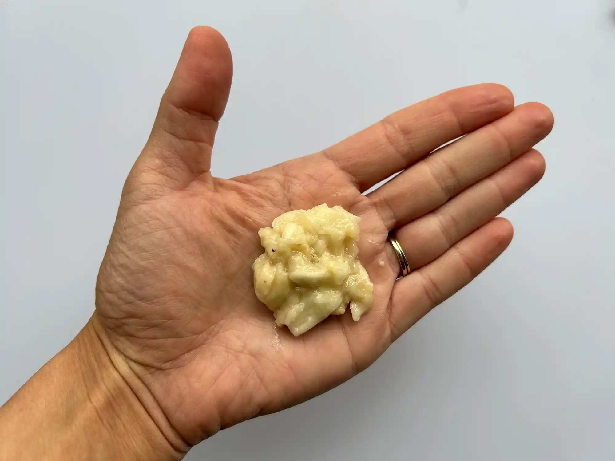 a photo of a hand holding mashed, de-seeded cherimoya