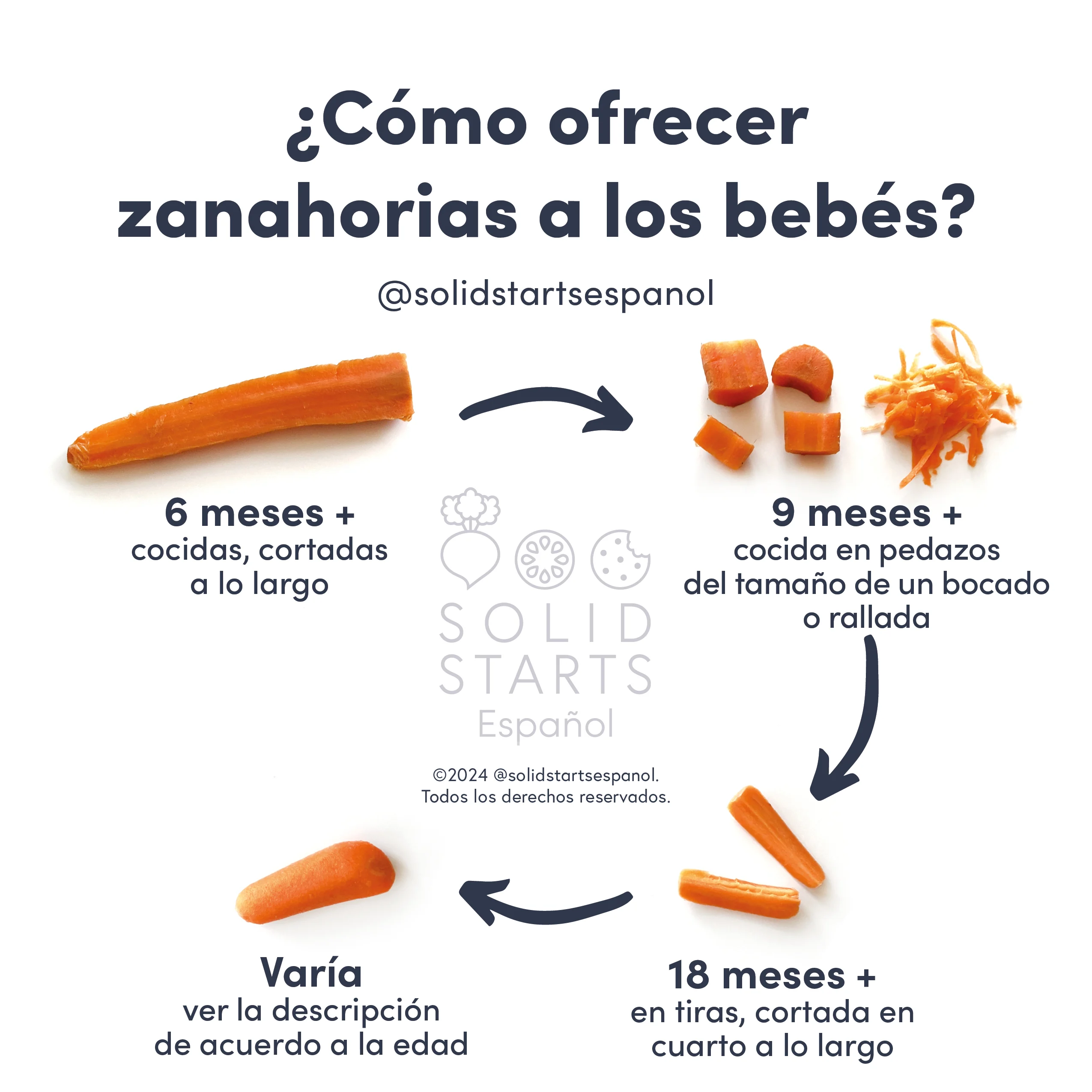 a Solid Starts infographic with the header "How to Cut Carrots for Babies": cooked and cut lengthwise for 6 mos+, cooked bite size pieces or grated for 9 mos+, raw quartered sticks for 18 mos+, and varies for whole raw baby carrots