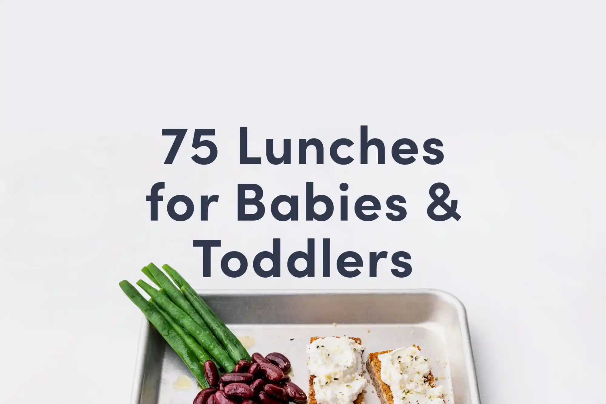 A guide cover for the Solid Starts lunch recipe book that has the heading: "75 Lunches for Babies & Toddlers" and shows a silver tray with whole string beans, kidney beans and toasts with ricotta cheese on them