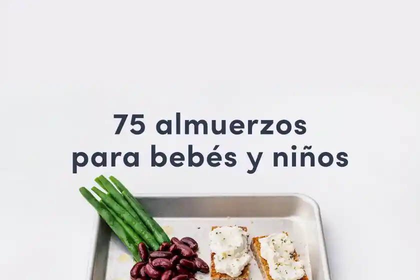 A guide cover for the Solid Starts lunch recipe book that has the heading: "75 Lunches for Babies & Toddlers" and shows a silver tray with whole string beans, kidney beans and toasts with ricotta cheese on them