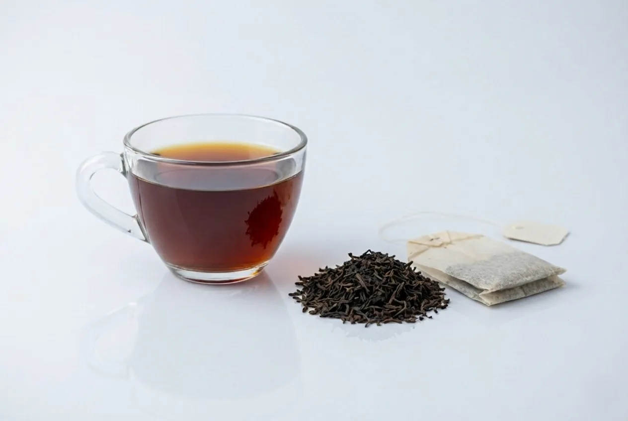 a photograph of a small clear cup with black tea in it next to a small pile of loose leaf tea and an unused tea bag
